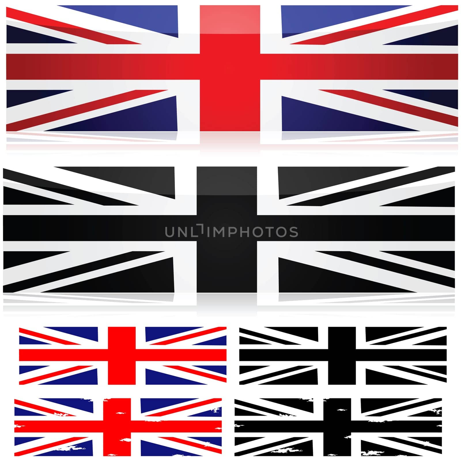 Union Jack flag represented in different styles in color and black and white