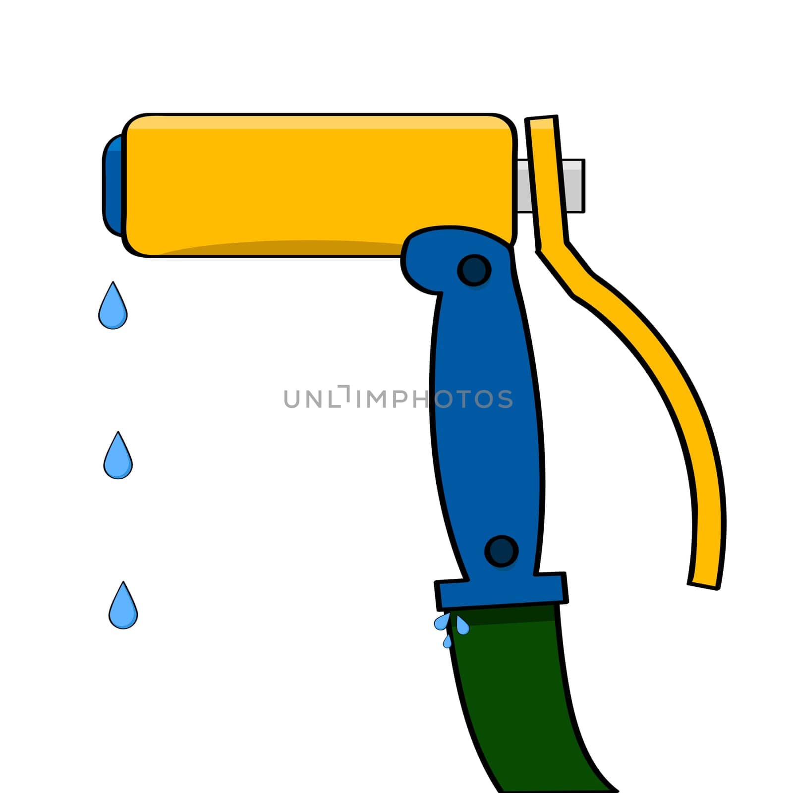Cartoon illustration showing a water gun attached to a water hose