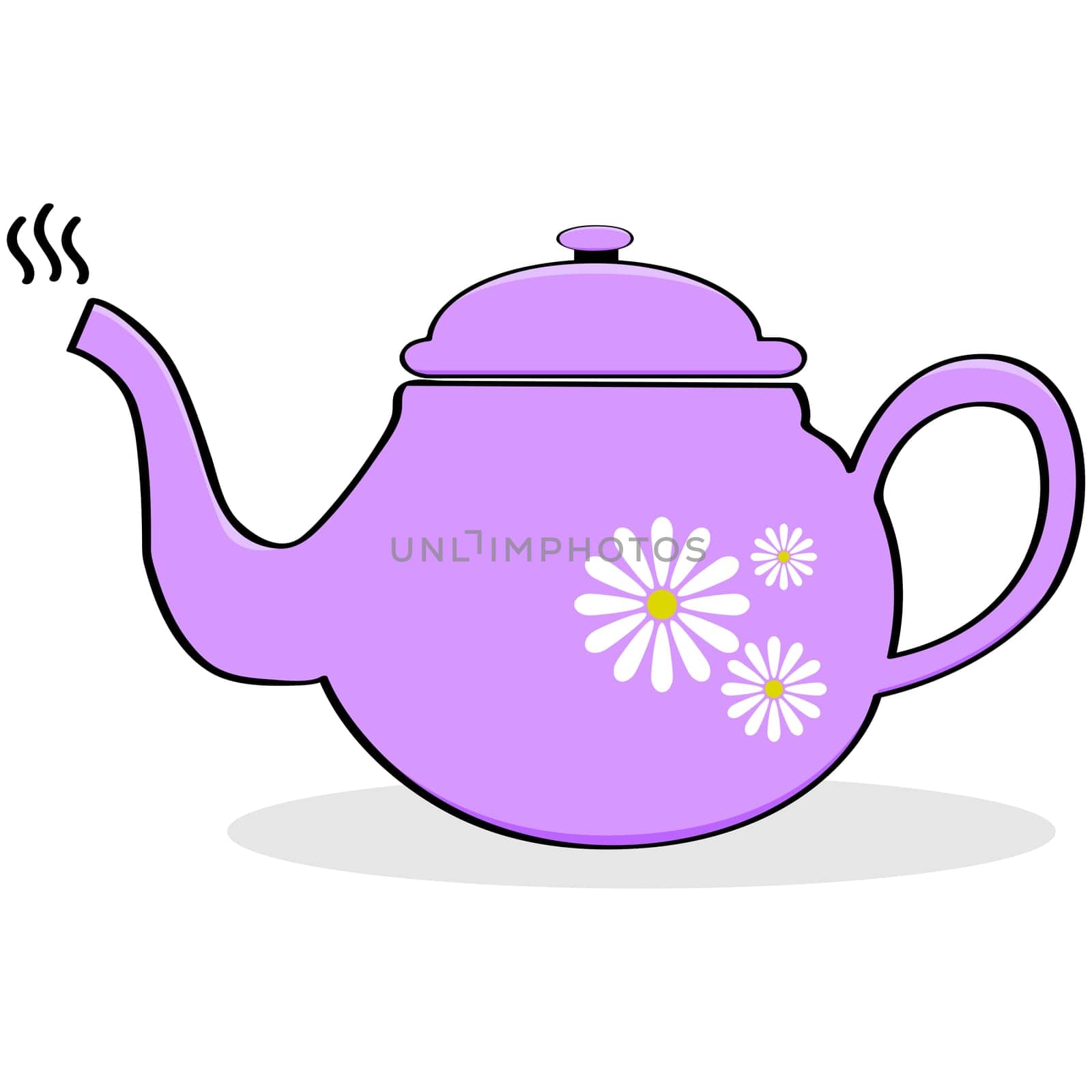 Cartoon illustration of a pink teapot with daisies painted on it