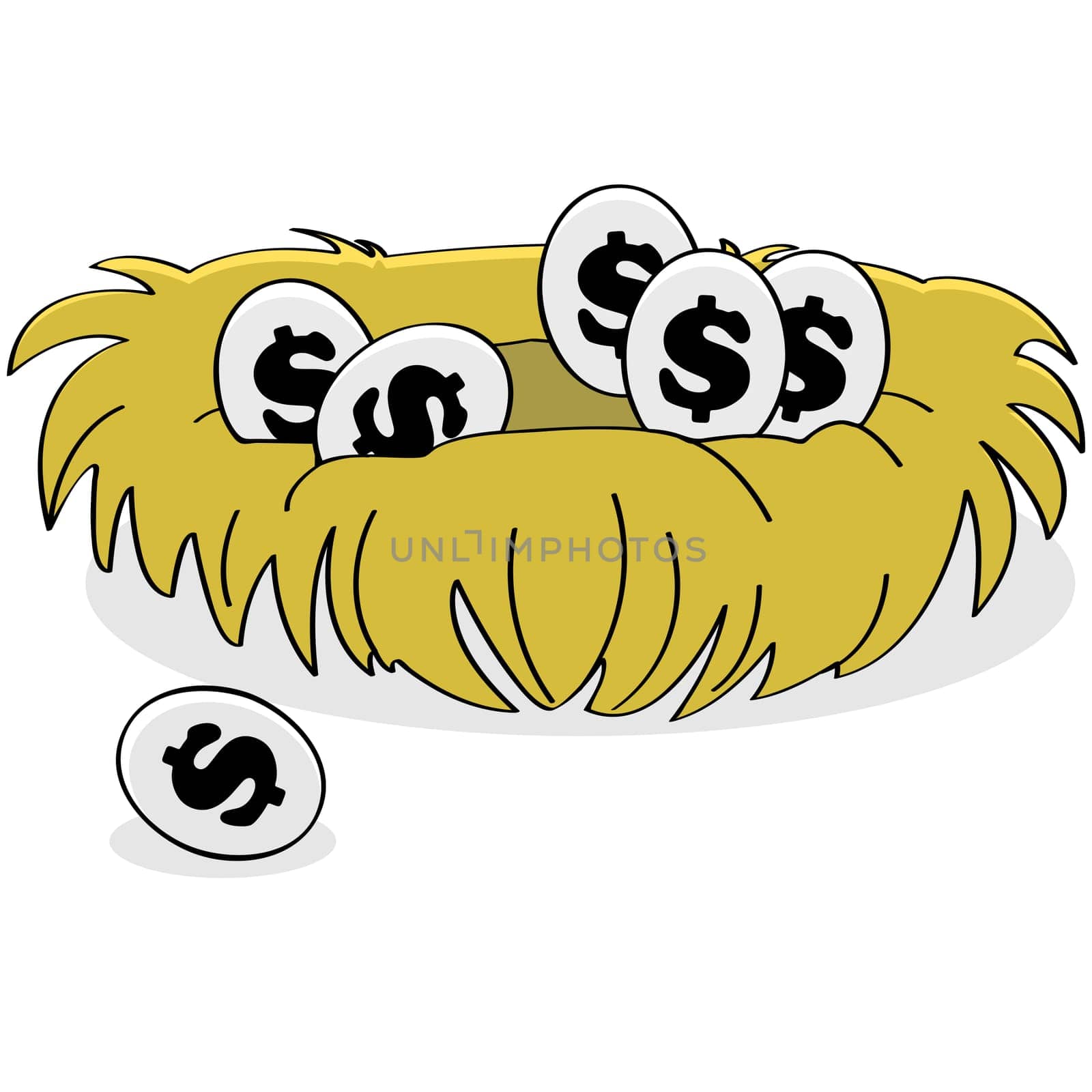 Cartoon illustration showing eggs with dollar signs on them inside a bird nest