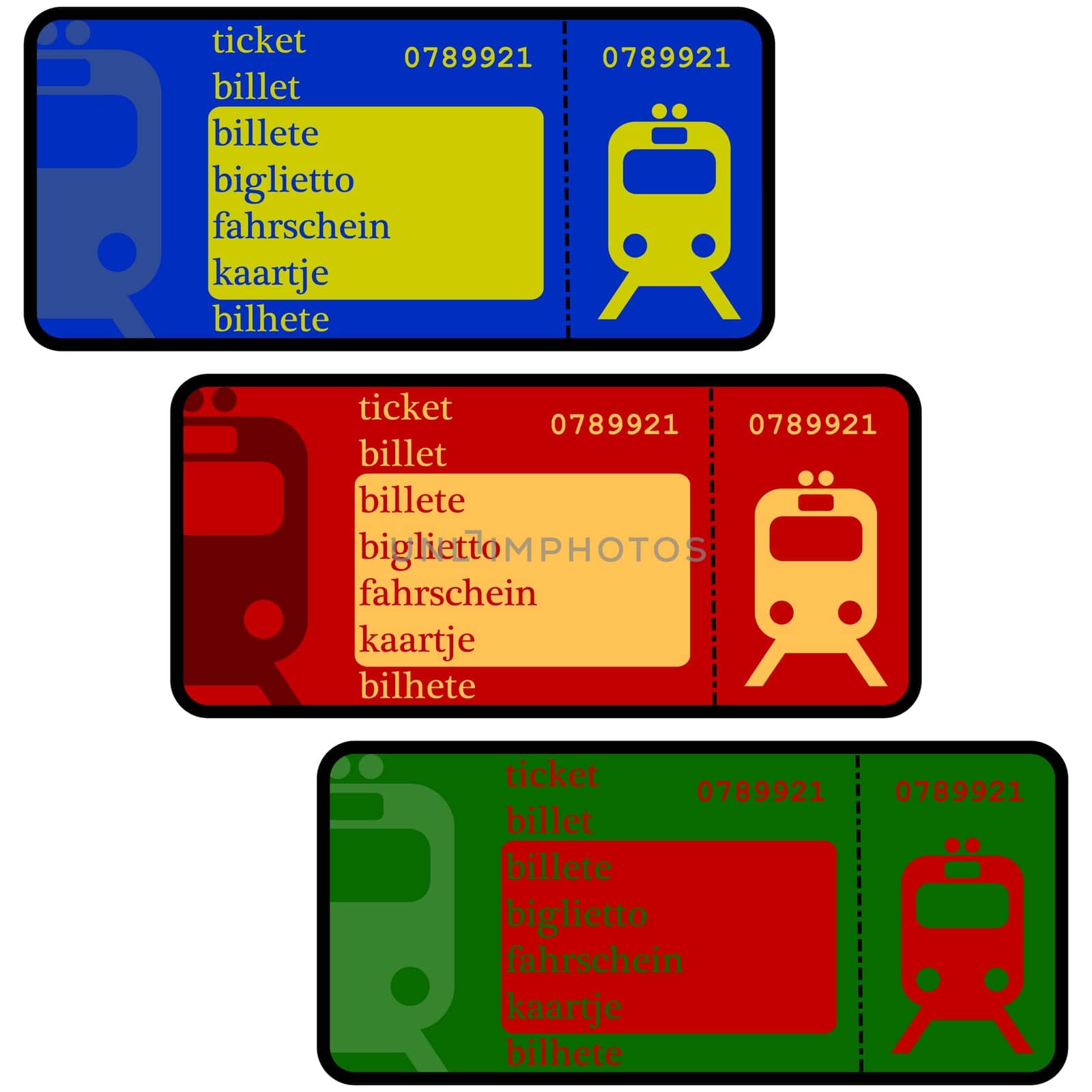 Cartoon illustration showing train ticket templates in different colors