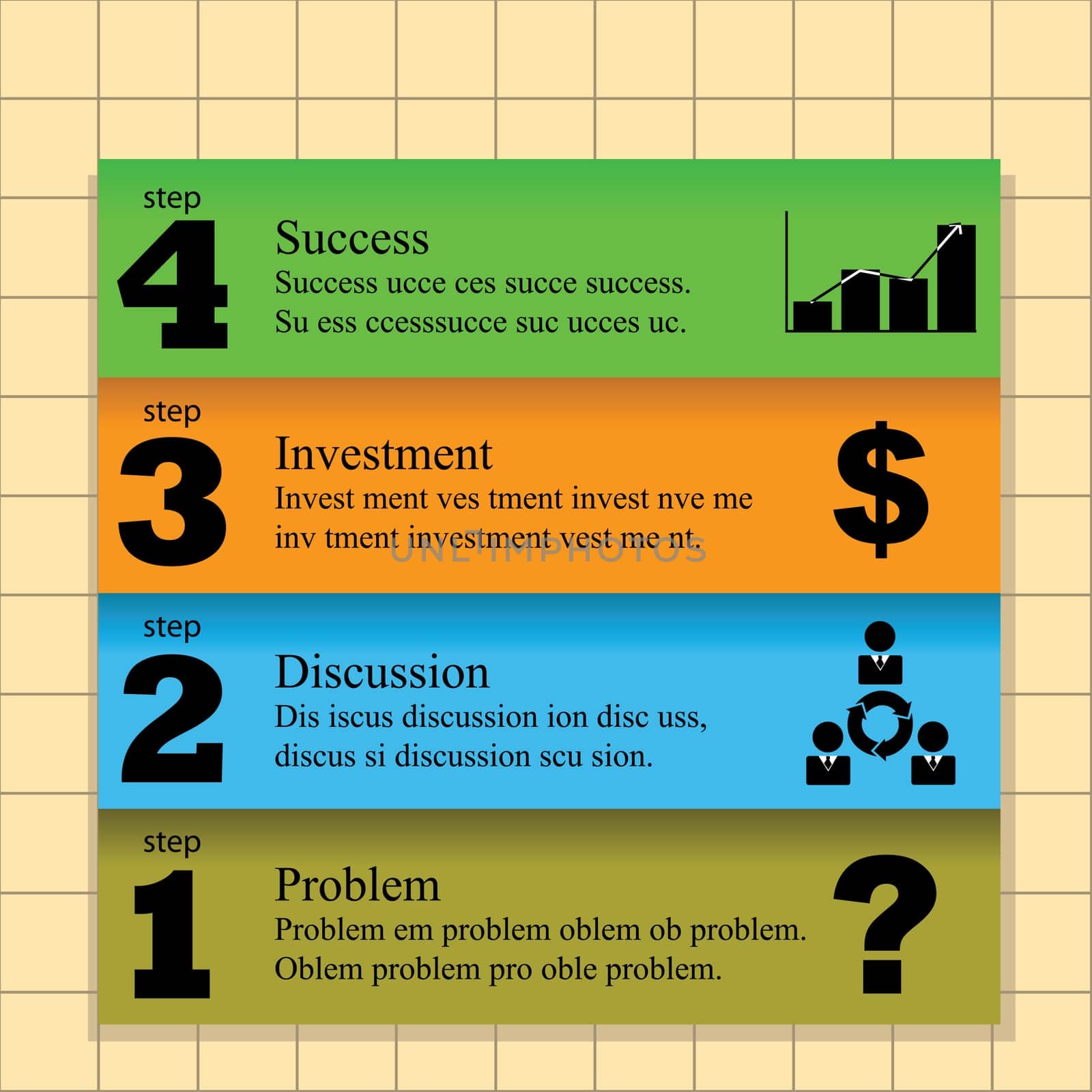 Template showing four steps to success, in different colors