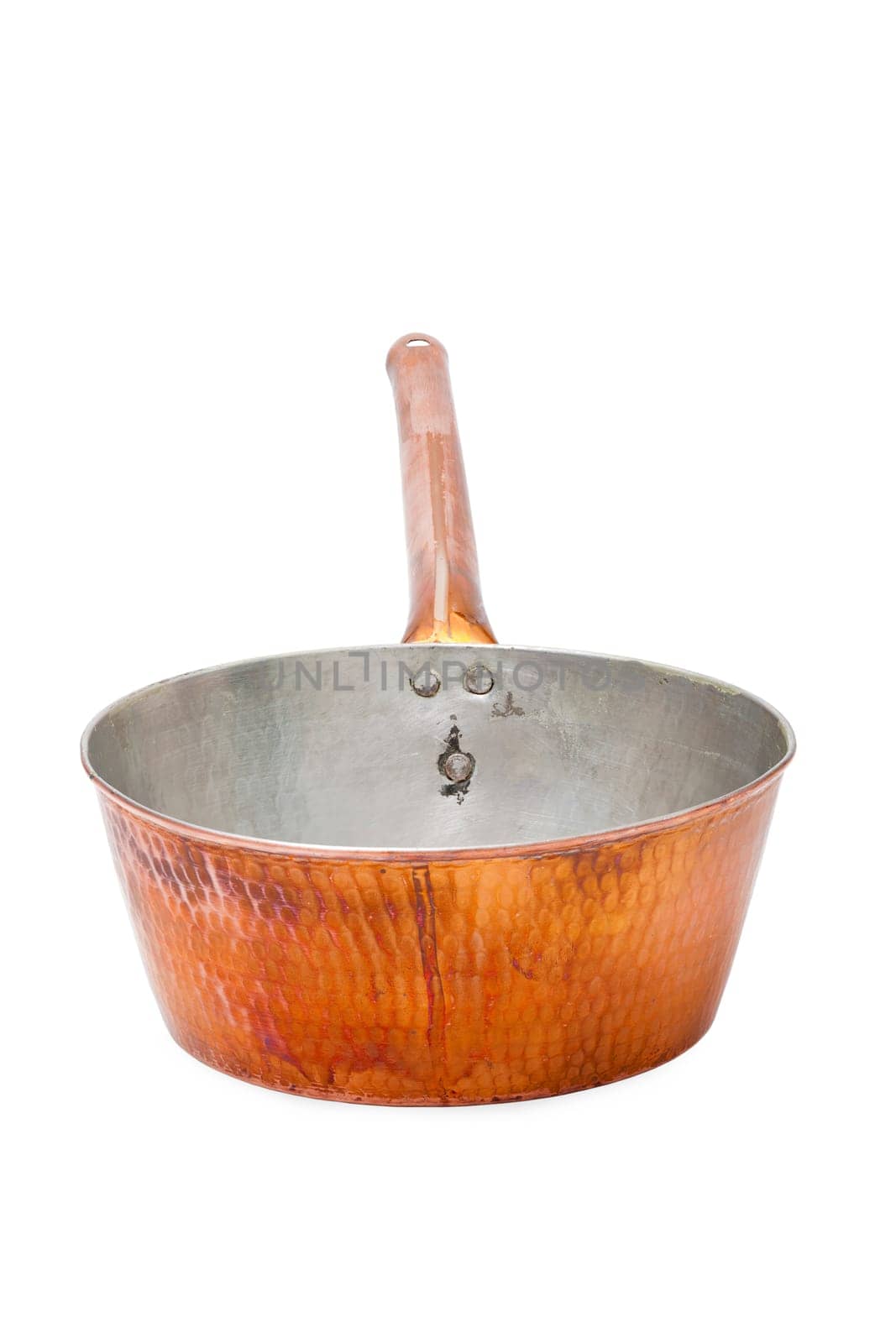 Casserole - Copper saucepan with long stem insulated against a white background