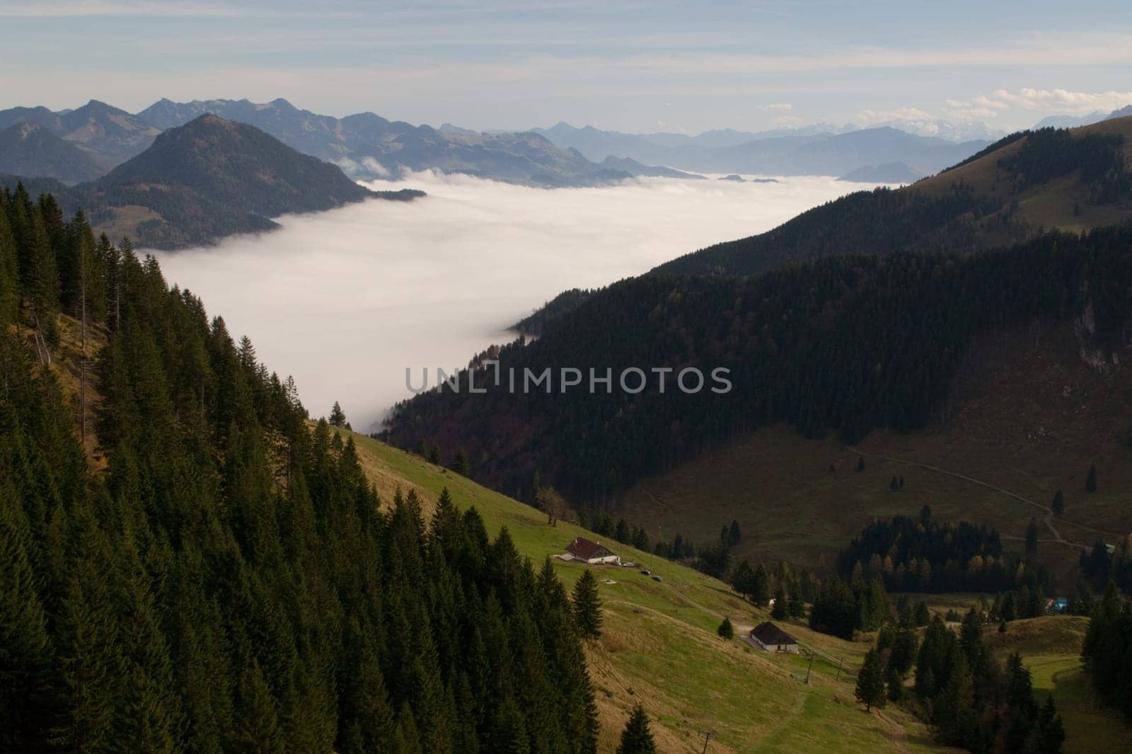 mountain view,valley,cloud,overcast,morning,meadow,green,spring,summer,haze,bell,alpine valley,foothills of the Alps,Bayrischzell,ski area,hiking