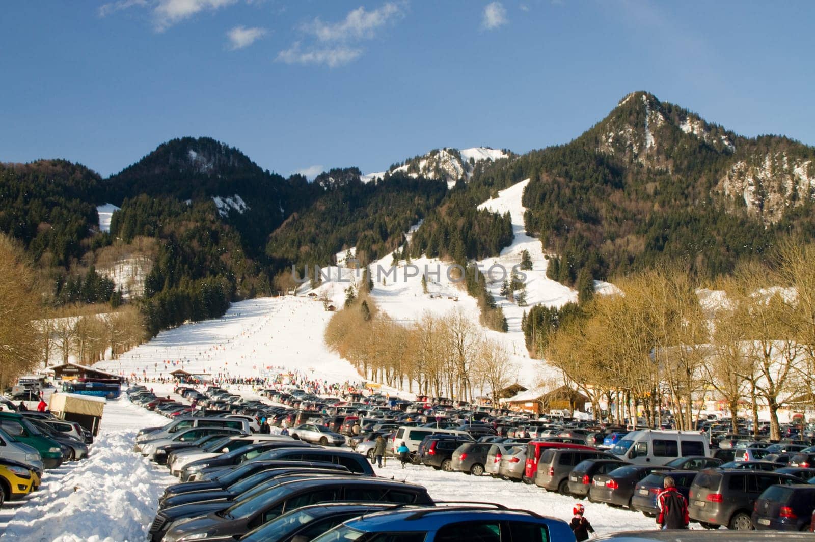 Ski resort,entrance,parking lot,cars,parking,Brauneck,Upper Bavaria,Lenggrie