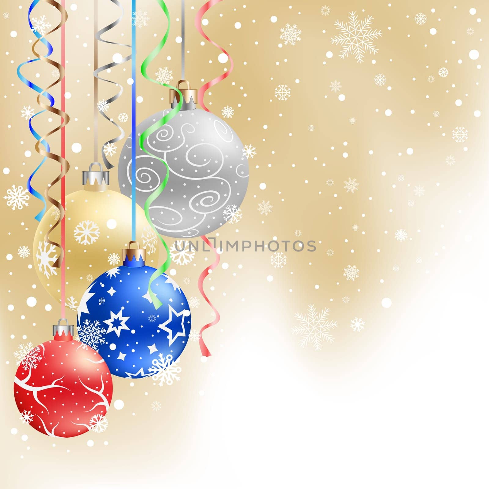 The multicolored christmas bauble and ribbons on the light mesh background