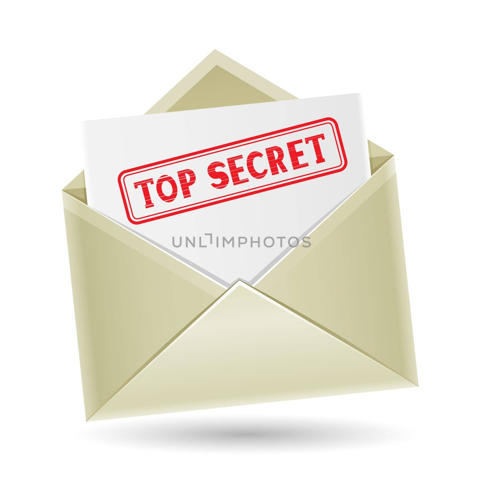 The secret correspondence, opened envelope with paper and stamp on the white background