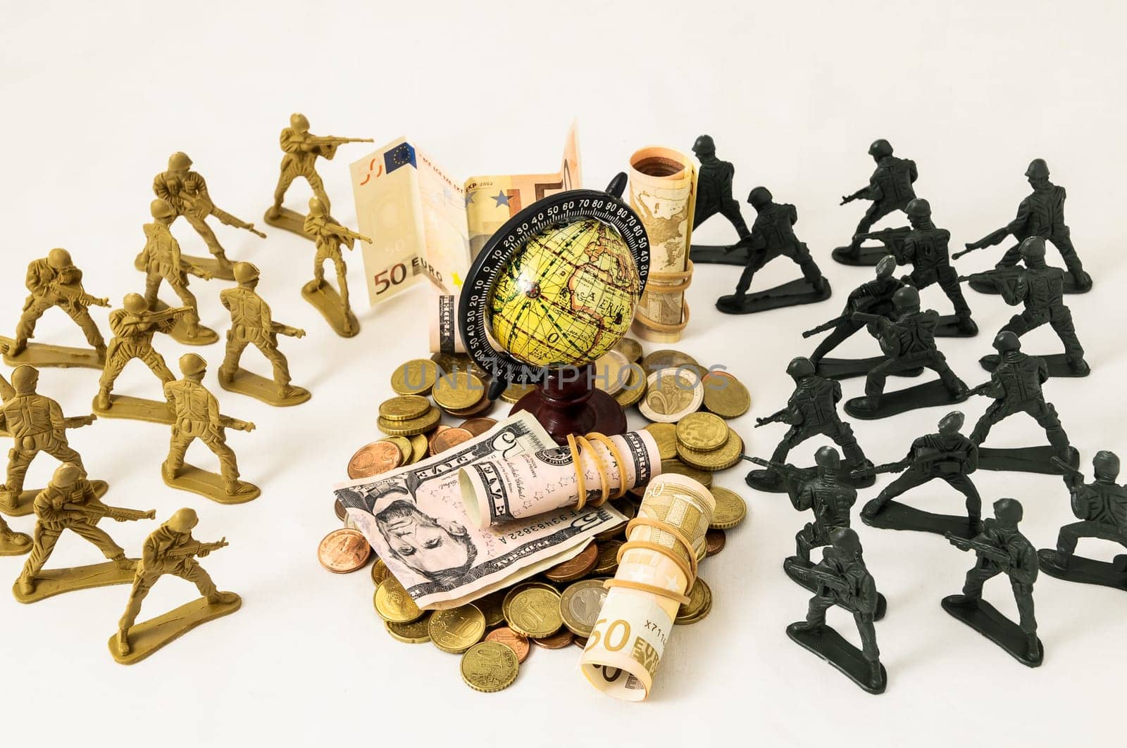 Plastic Lead Soldiers Representing War on a White Background