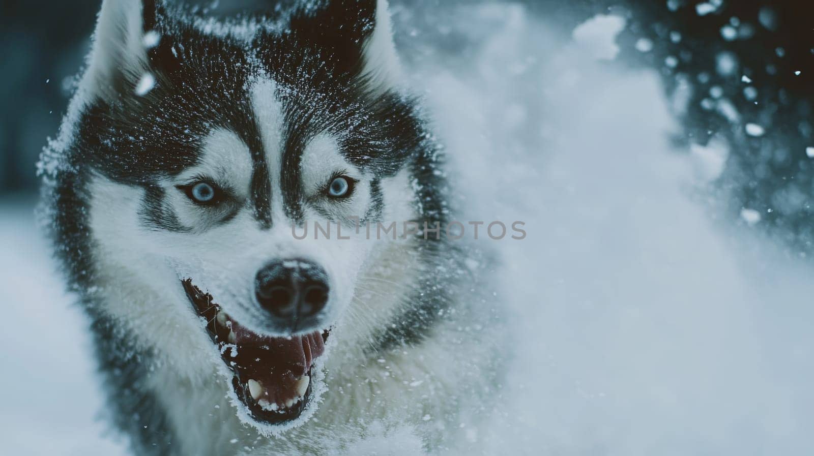 Siberian Husky jumping and running in the snow in a winter field, Generative AI, animals