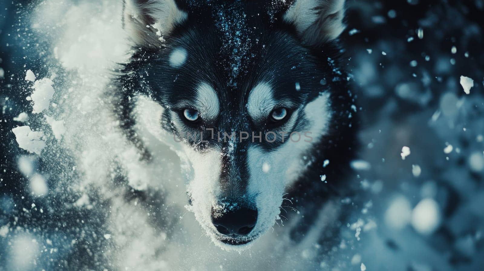Siberian Husky jumping and running in the snow in a winter field, Generative AI, animals