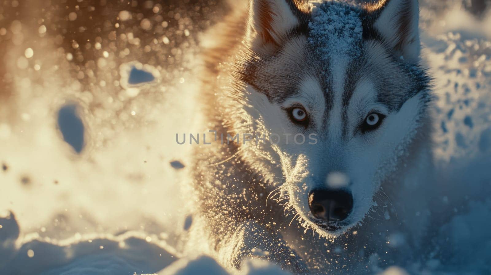 Siberian Husky jumping and running in the snow in a winter field, Generative AI, animals