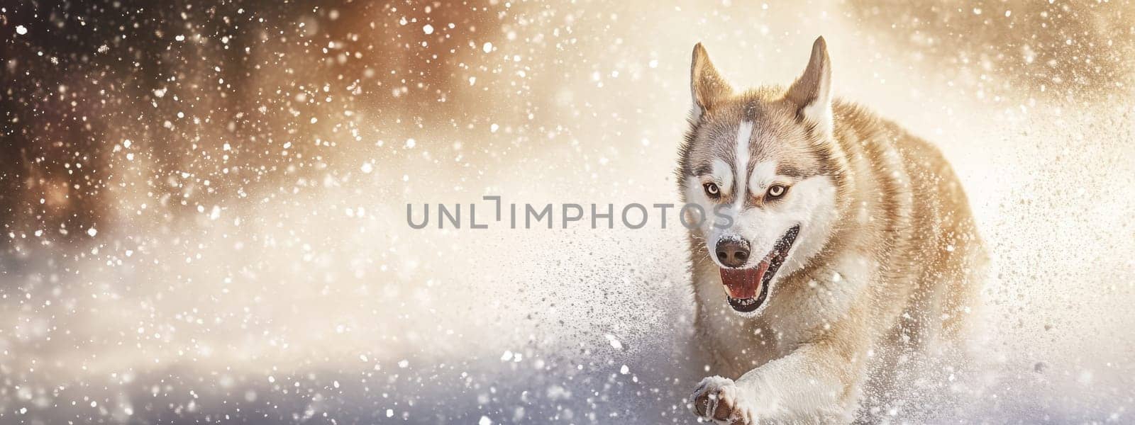 Siberian Husky jumping and running in the snow in a winter field, Generative AI, animals