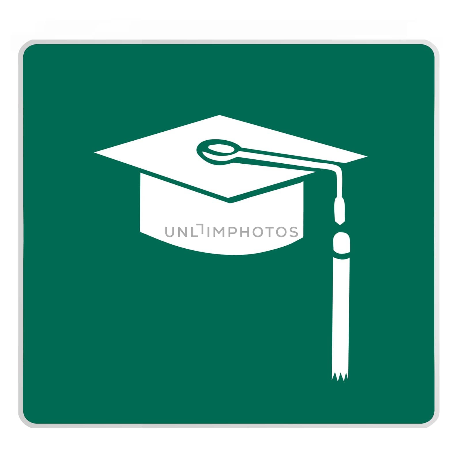 road sign -  graduation cap, white on green