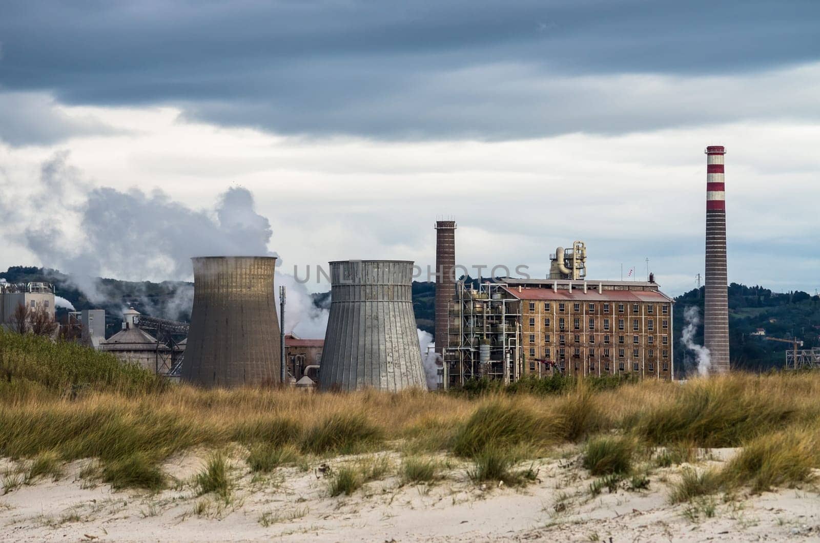 Smoking chimneys in a factory for bicarbonate production