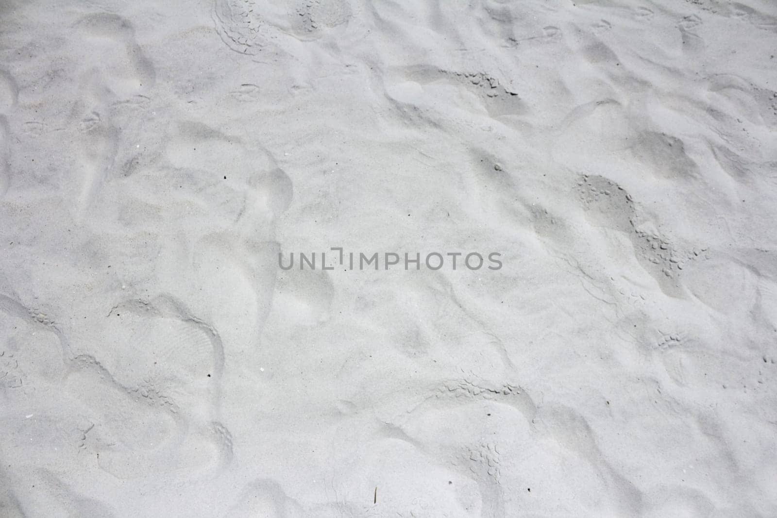 Closeup background view of ninety-nine percent fine grain powdery white gray quartz Siesta Beach, Florida sand outside on a sunny day..