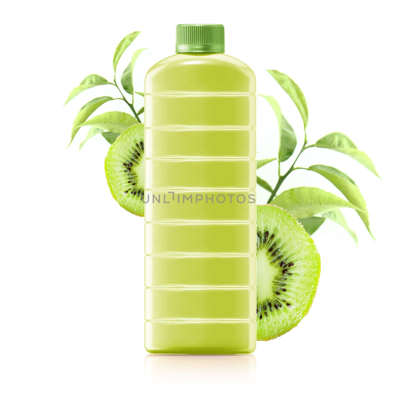 kiwi juice in a plastic container jug with fresh kiwi and leaves on a white background.