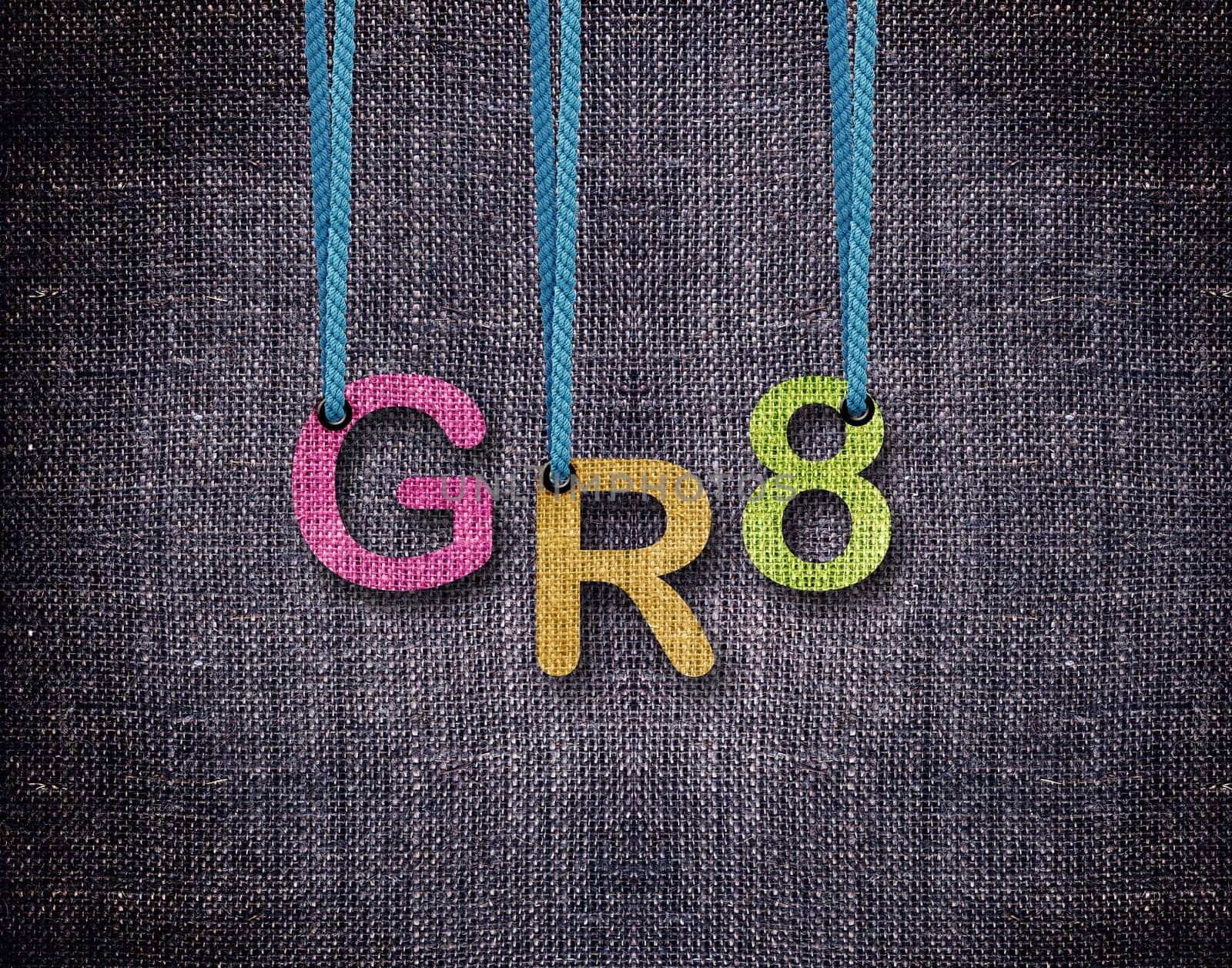 Great Letters hanging strings with blue sackcloth background.