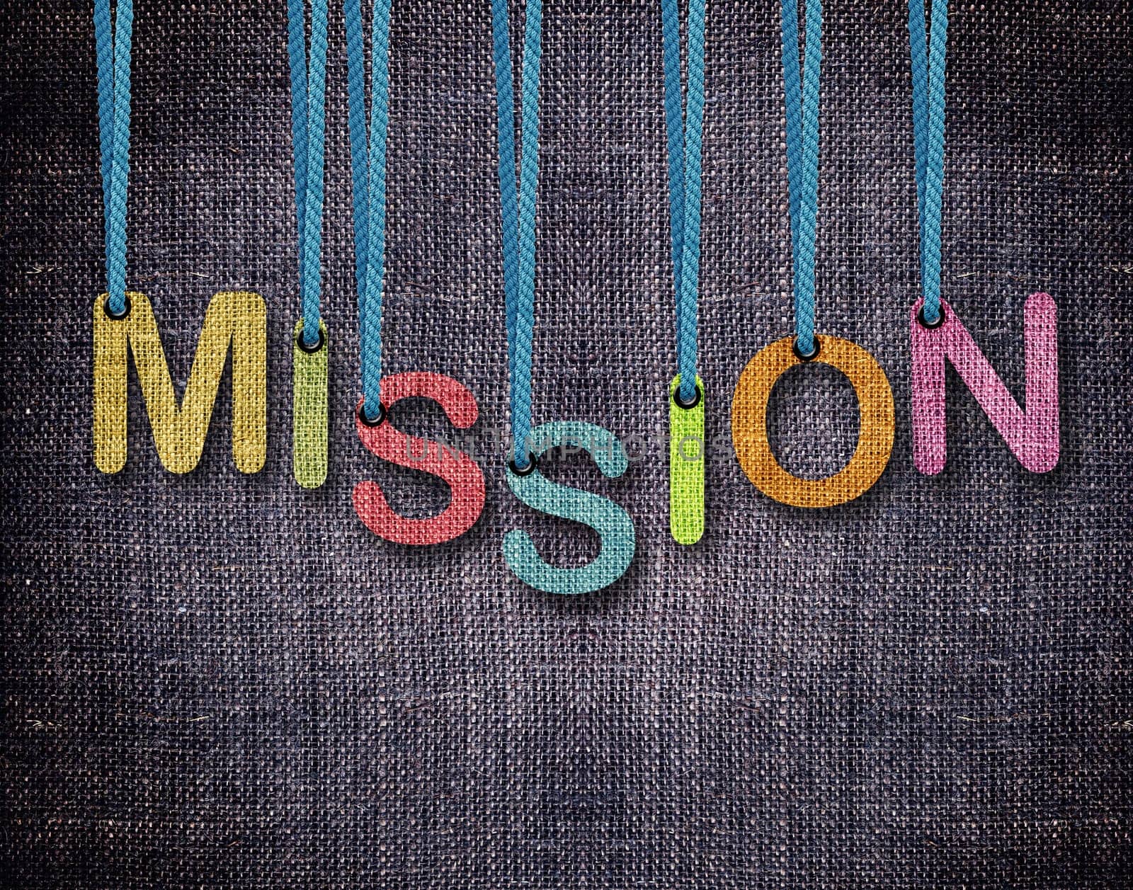 mission Letters hanging strings with blue sackcloth background.