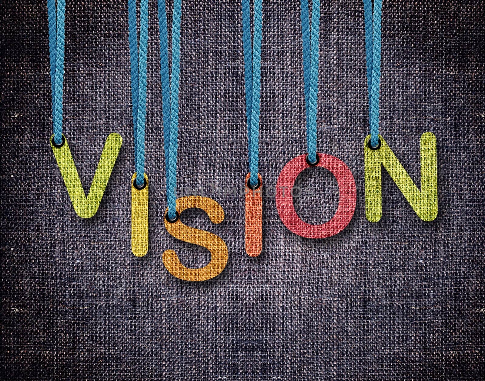 Vision Letters hanging strings with blue sackcloth background.