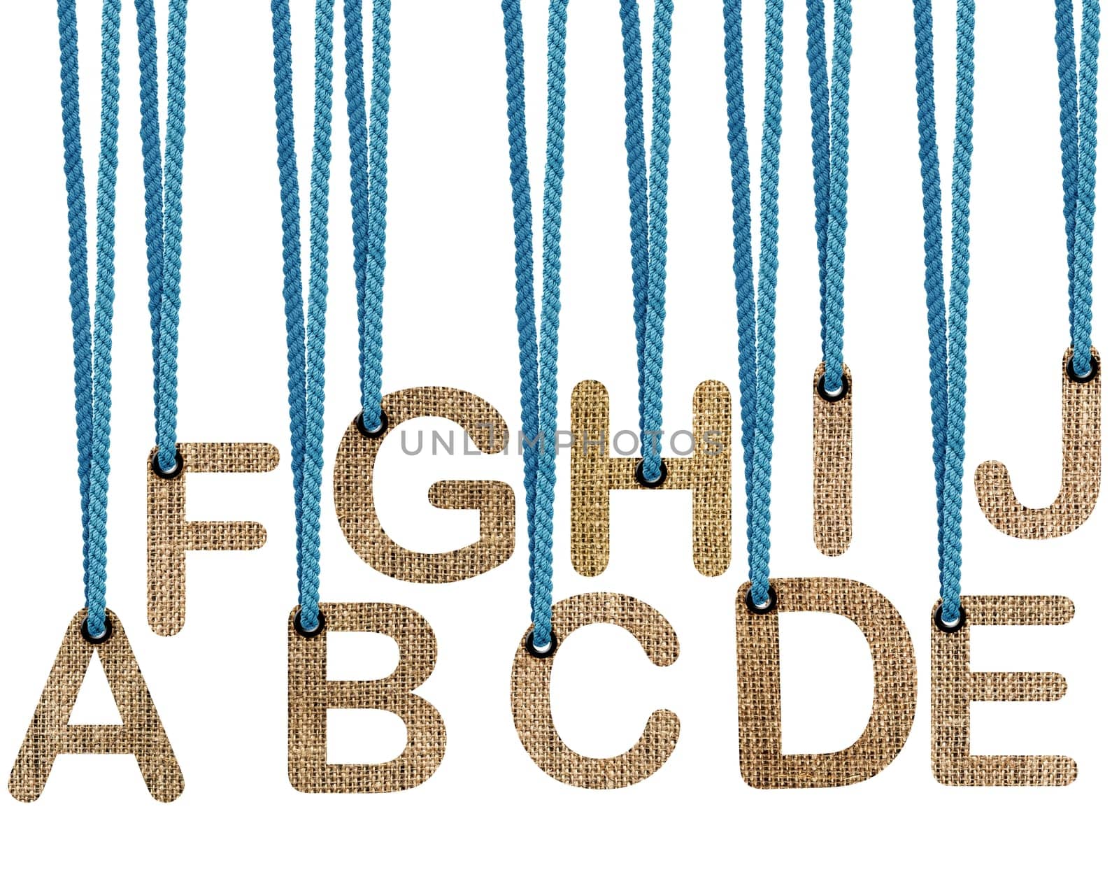 Letters hanging strings isolated on white background .  (with clipping work path)