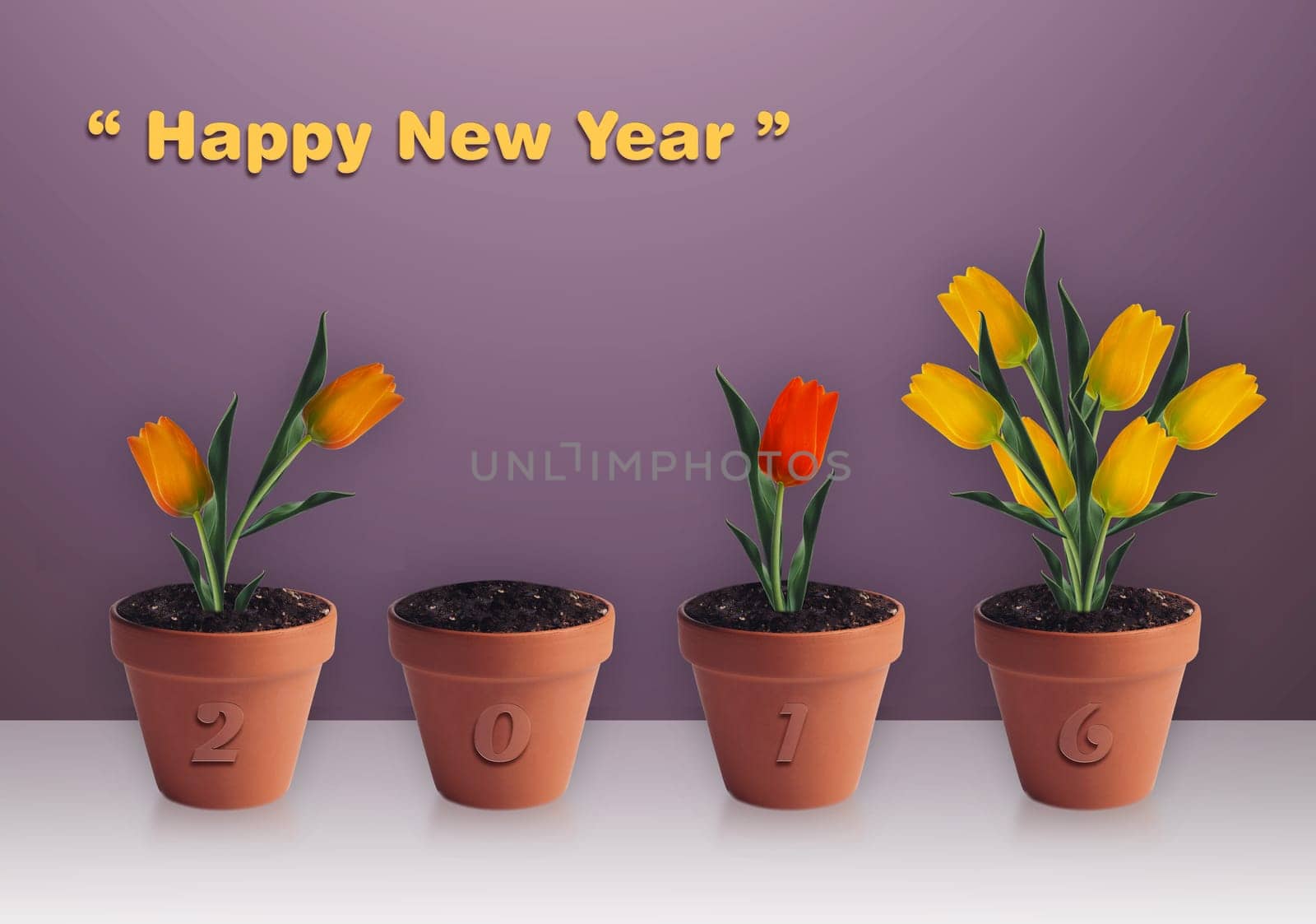 Happy new year 2014, Group of yellow tulips in clay container.