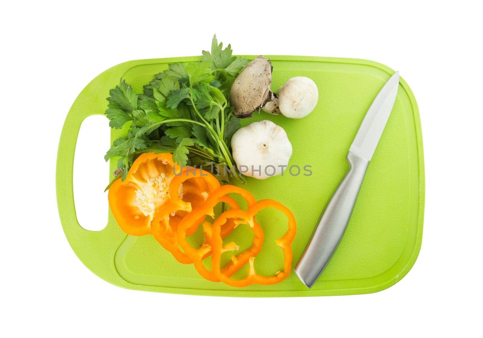 Pepper, Garlic, Parsley and mushroom on green Plastic board with knife on white background. with a clipping work path