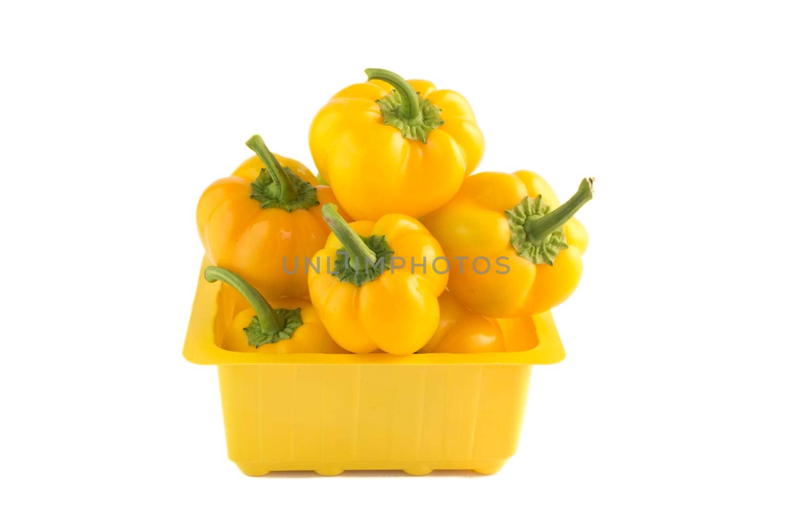 Sweet Yellow pepper in yellow box on a white. (clipping work path included)