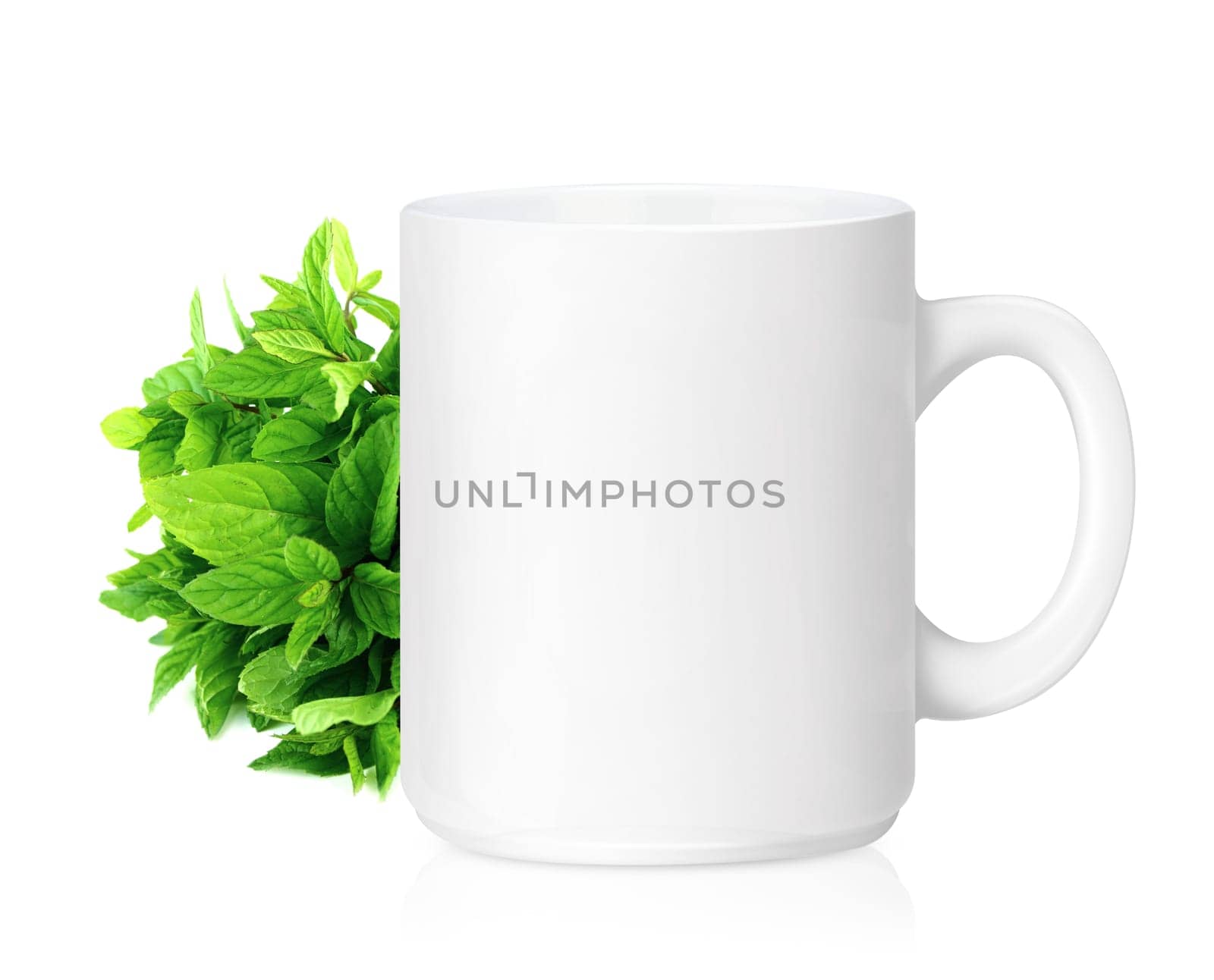 White ceramic mug with Herbs, Herbs Drink,  Isolated on a white. (with clipping work path)