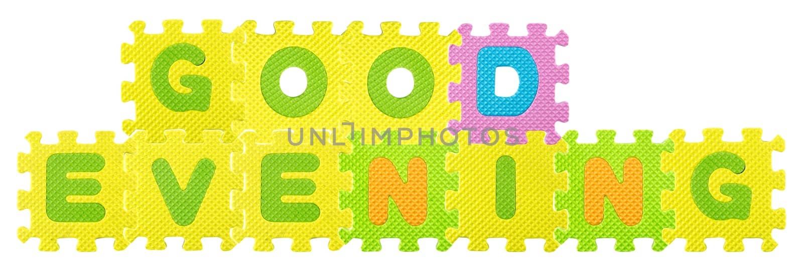 Good Evening  sentence created from Alphabet puzzle isloated on white background , with clipping path.