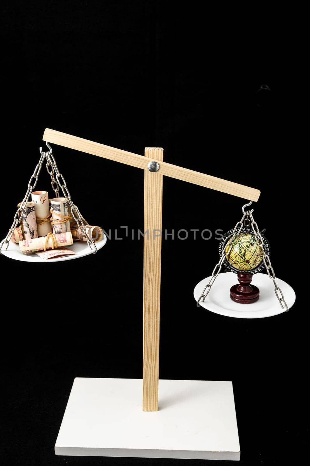 Globe Planet Earth and Money on a Two Pan Balance
