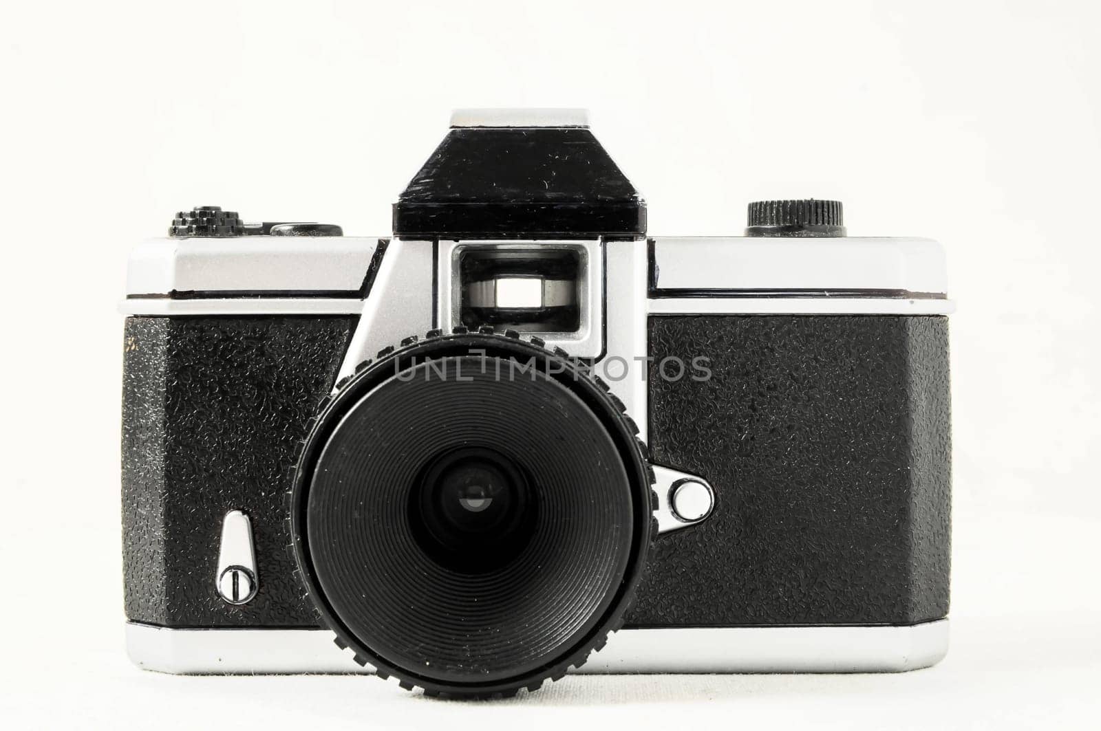 Classic 35mm Plastic Toy Photo Camera on a White Background