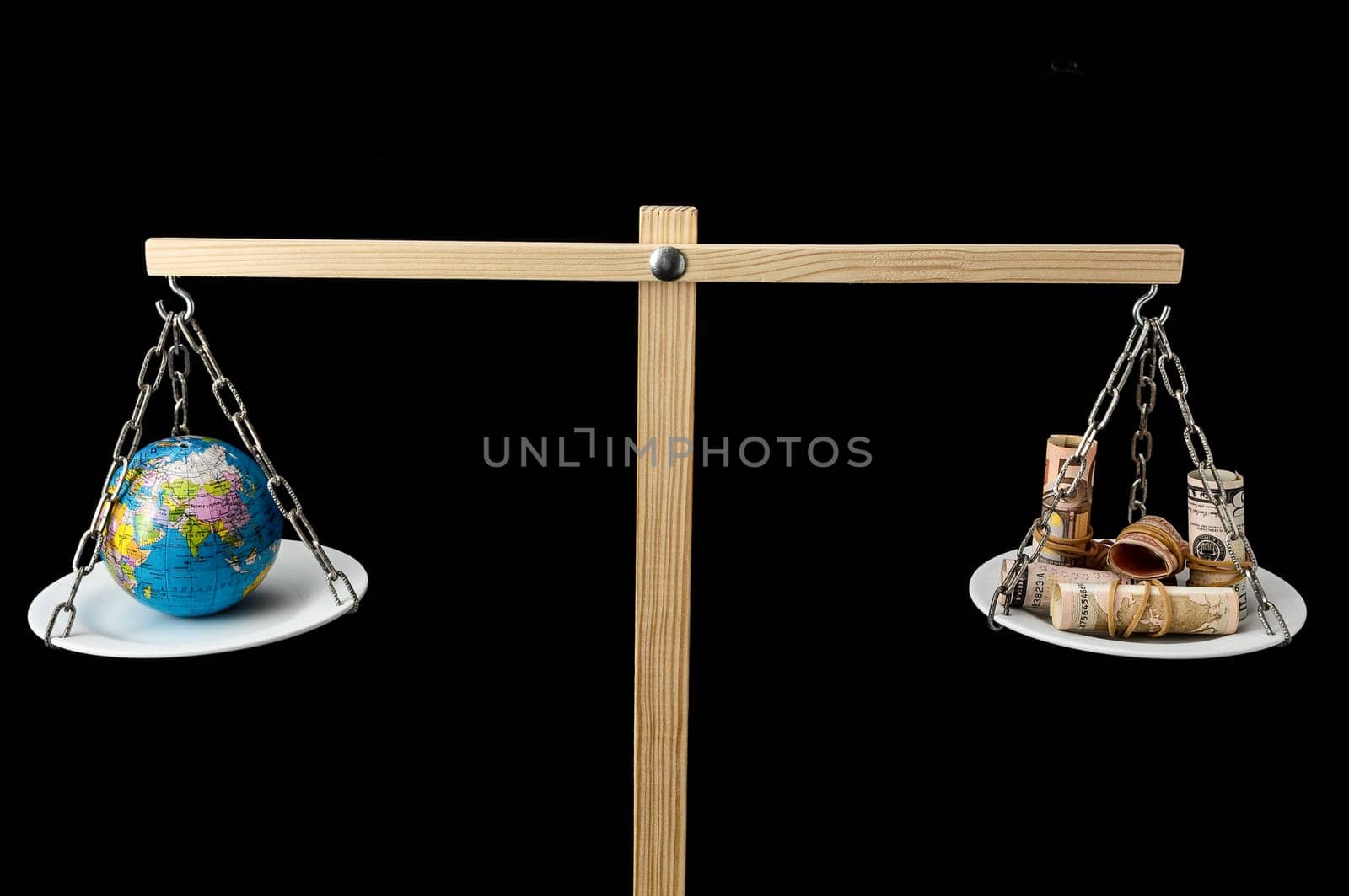 Globe Planet Earth and Money on a Two Pan Balance