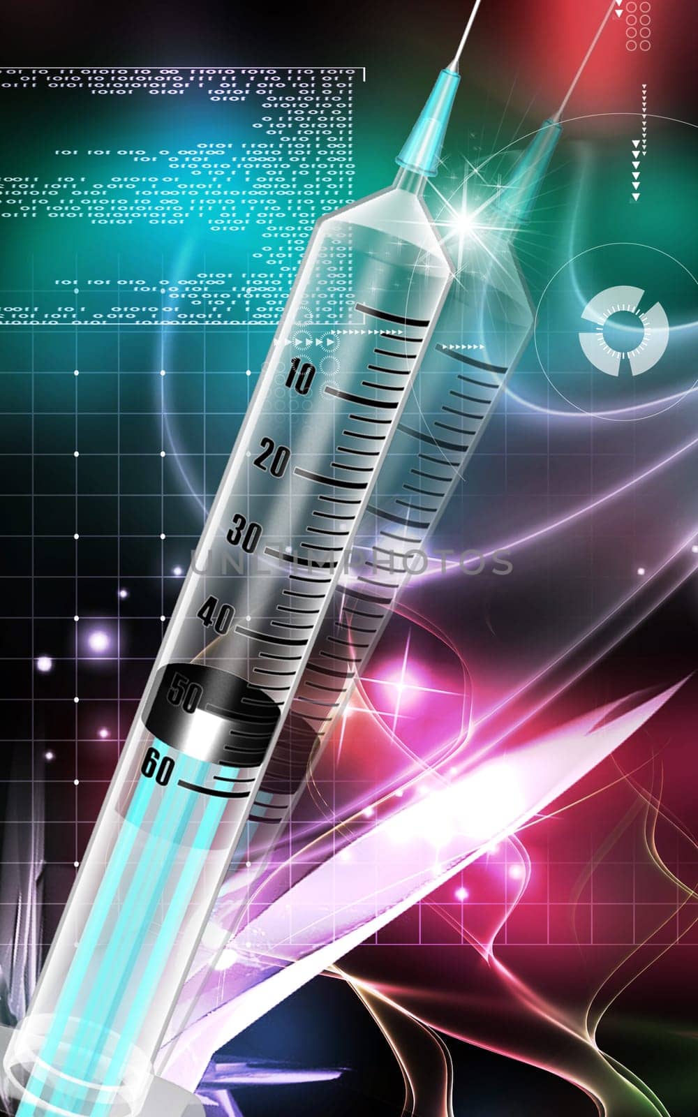 Digital illustration of syringe in colour background