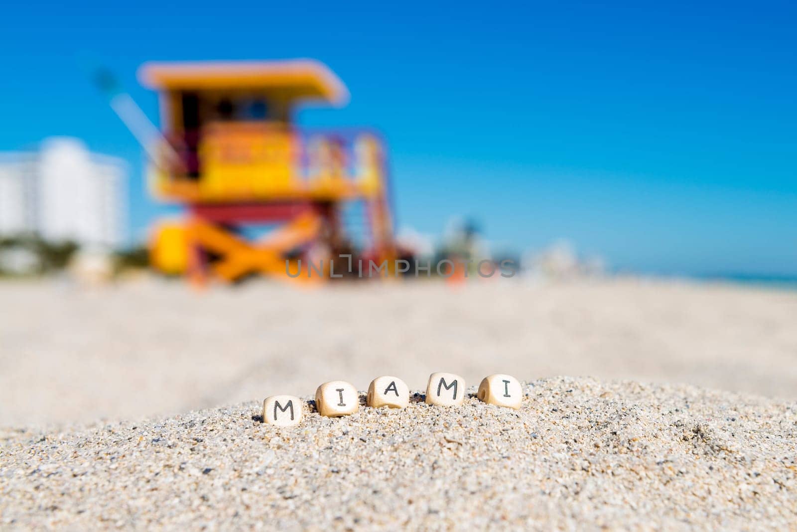 Maimi Southbeach, lifeguard house with letters on the sand, Florida, USA