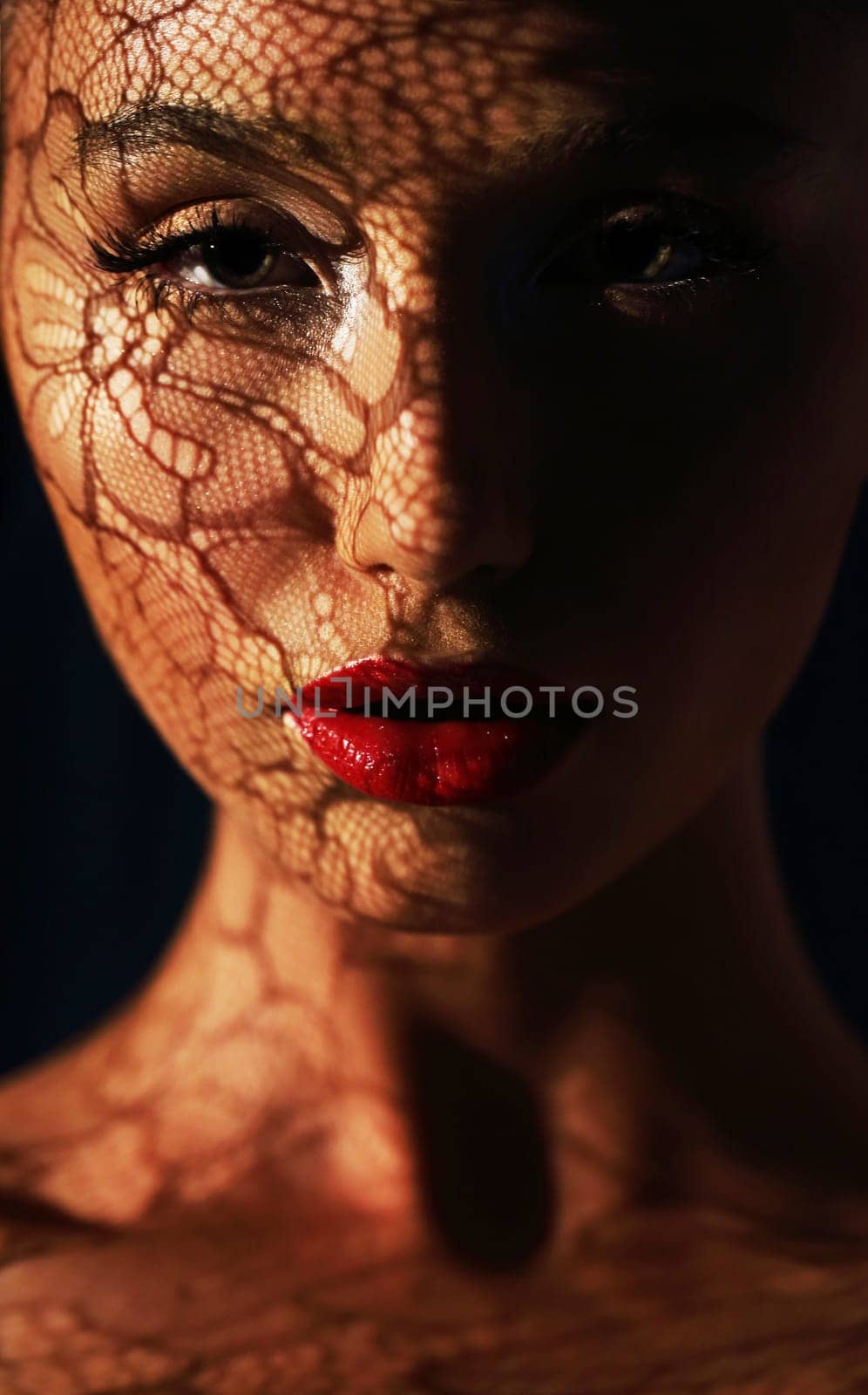 Reflection. Woman in Shadows with Reflection of Openwork Lace on her Face