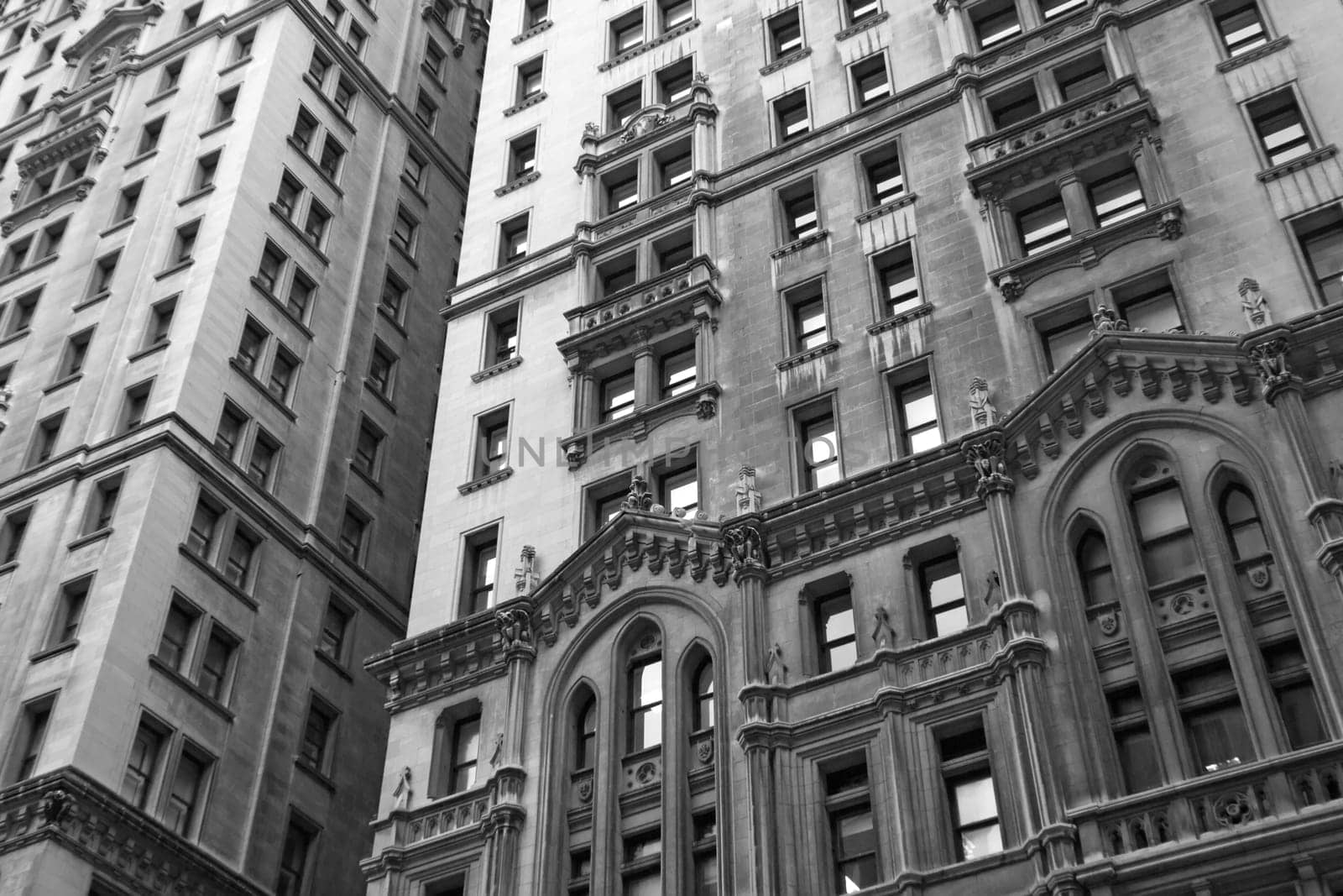 Monochromatic view of the old skyscrapers. (New York City, USA).