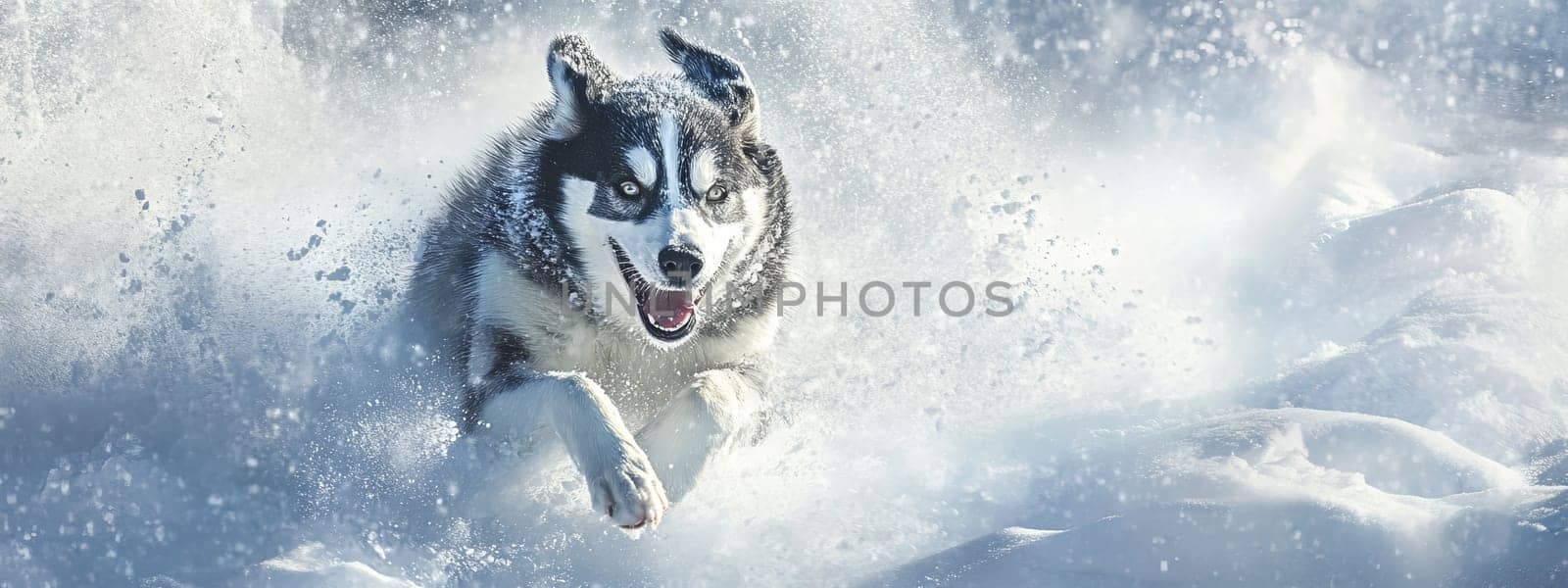 Siberian Husky jumping and running in the snow in a winter field, Generative AI, animals