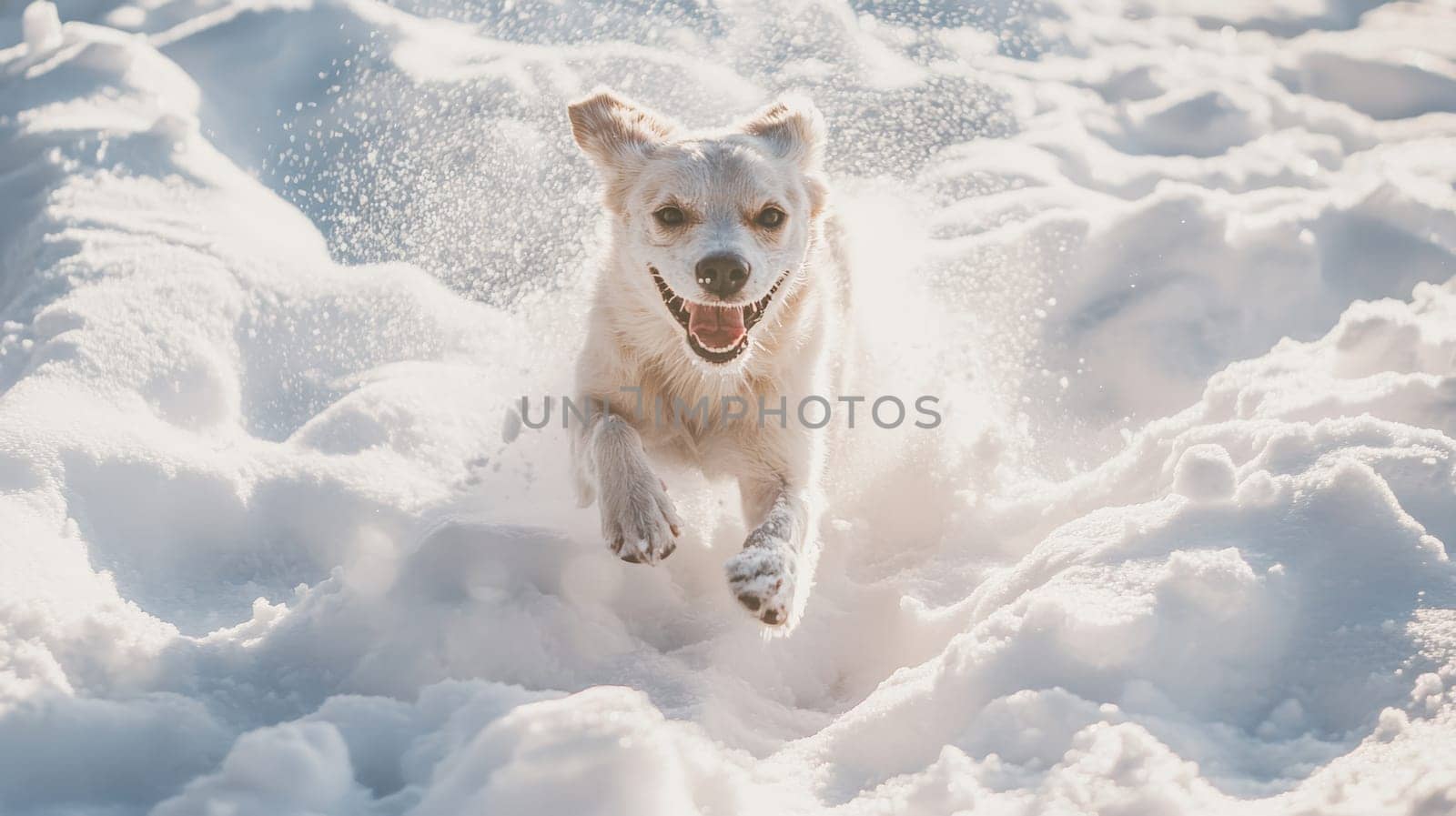 Siberian Husky jumping and running in the snow in a winter field, Generative AI, animals