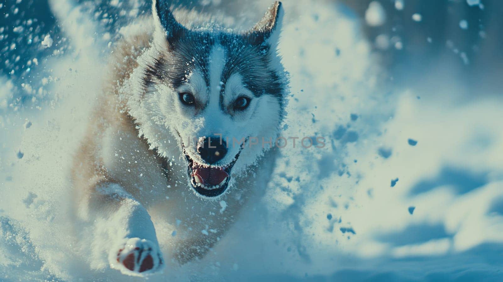 Siberian Husky jumping and running in the snow in a winter field, Generative AI, animals