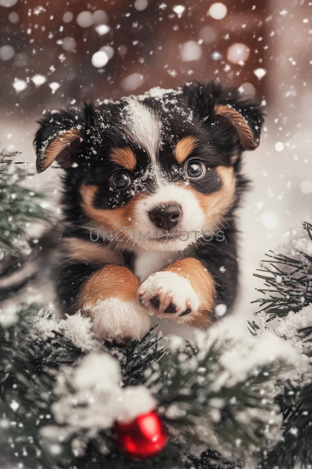 Siberian Husky jumping and running in the snow in a winter field, Generative AI, animals