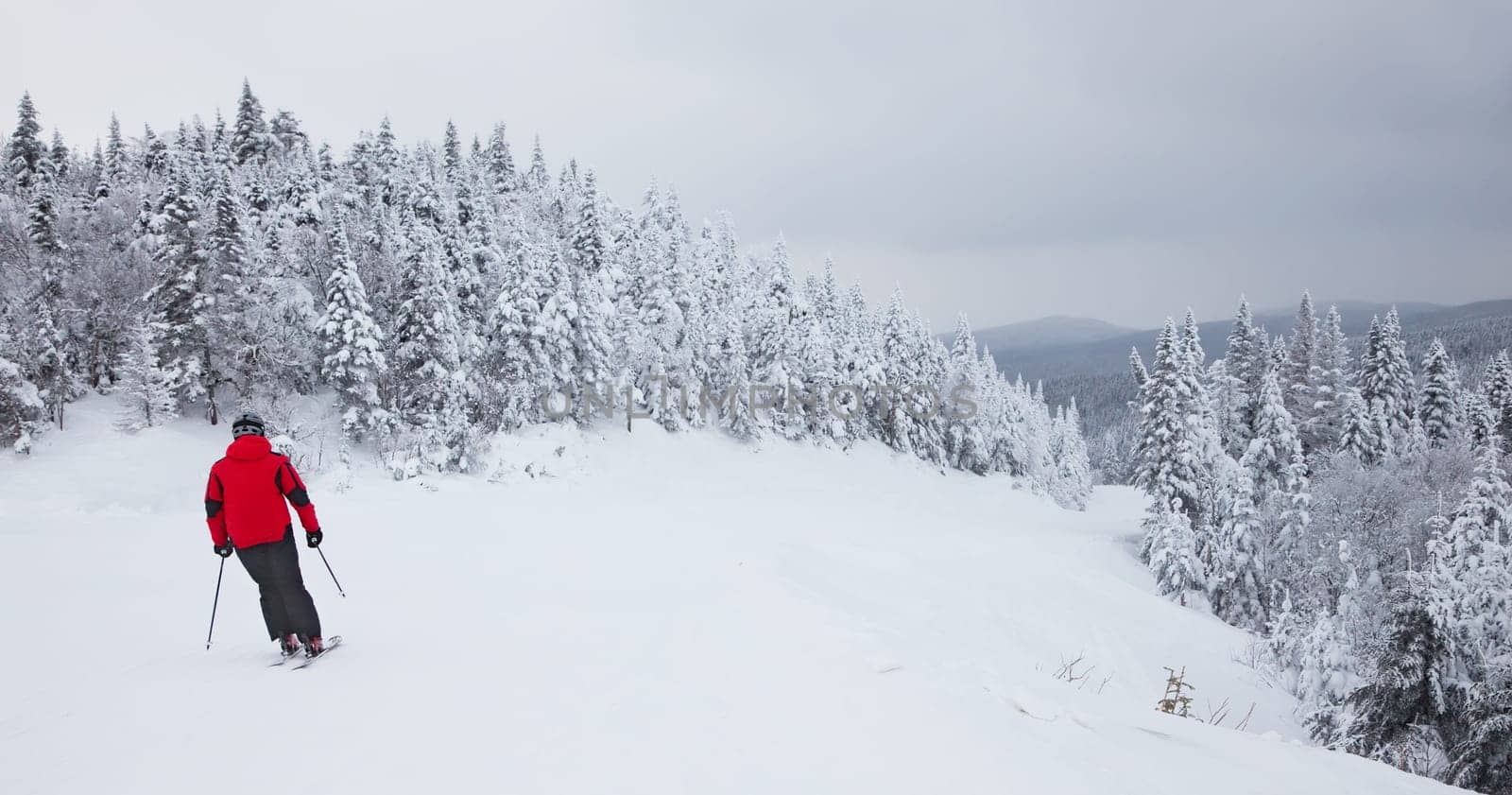 Mont-Tremblant Ski Resort, Quebec, Canada - February 9, 2014: A lonely skier is sliding down an easy slope at Mont-Tremblant Ski Resort. It is acknowledged by most industry experts as being the best ski resort in Eastern North America.