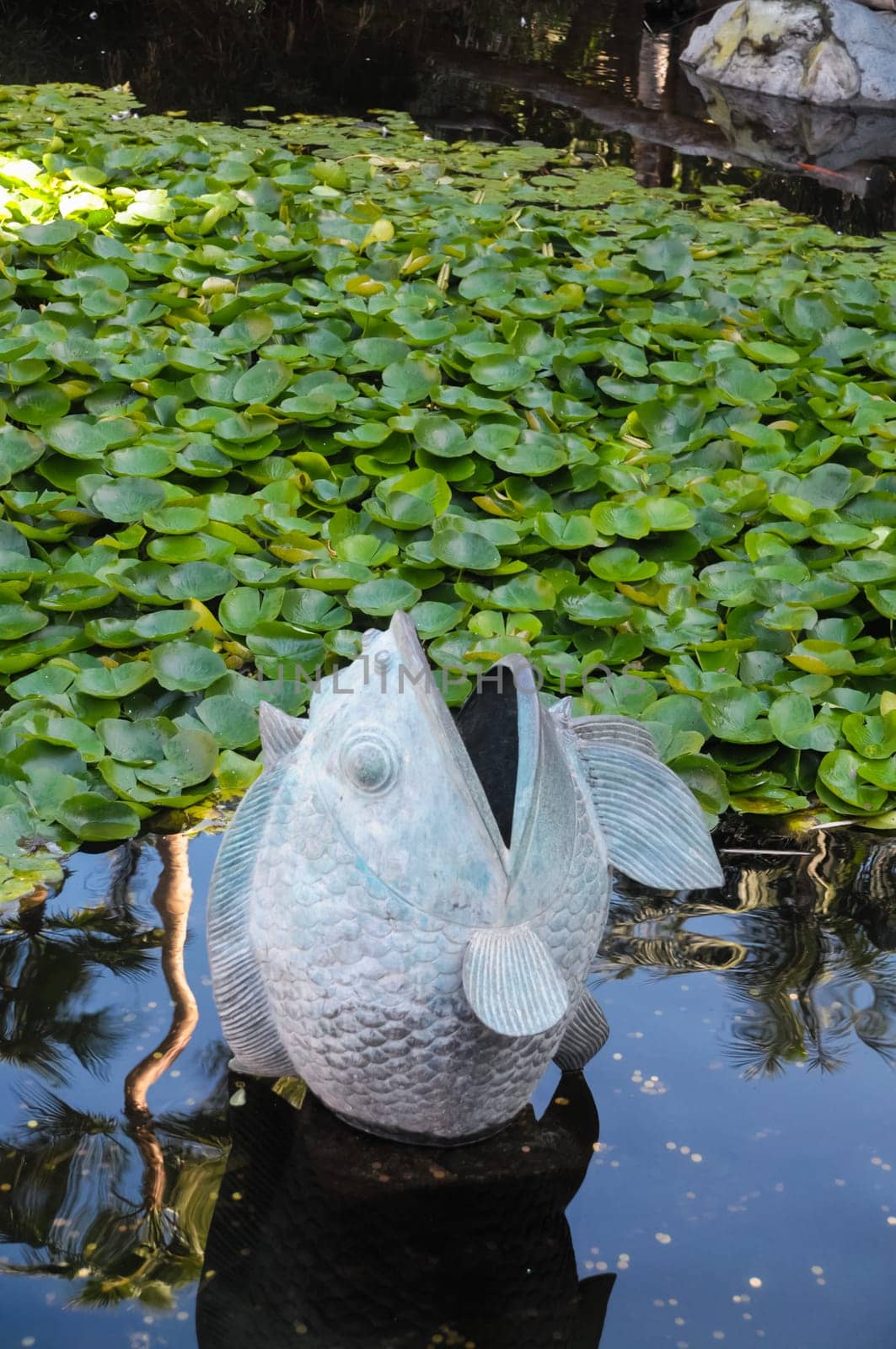 Metal Fish Statue on a Dark Pond