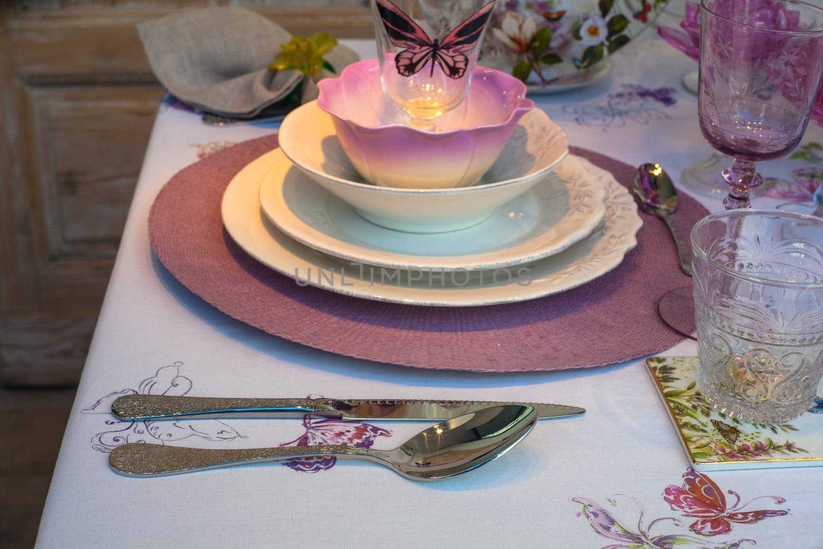 View of ceramic dishes of the elegant table set