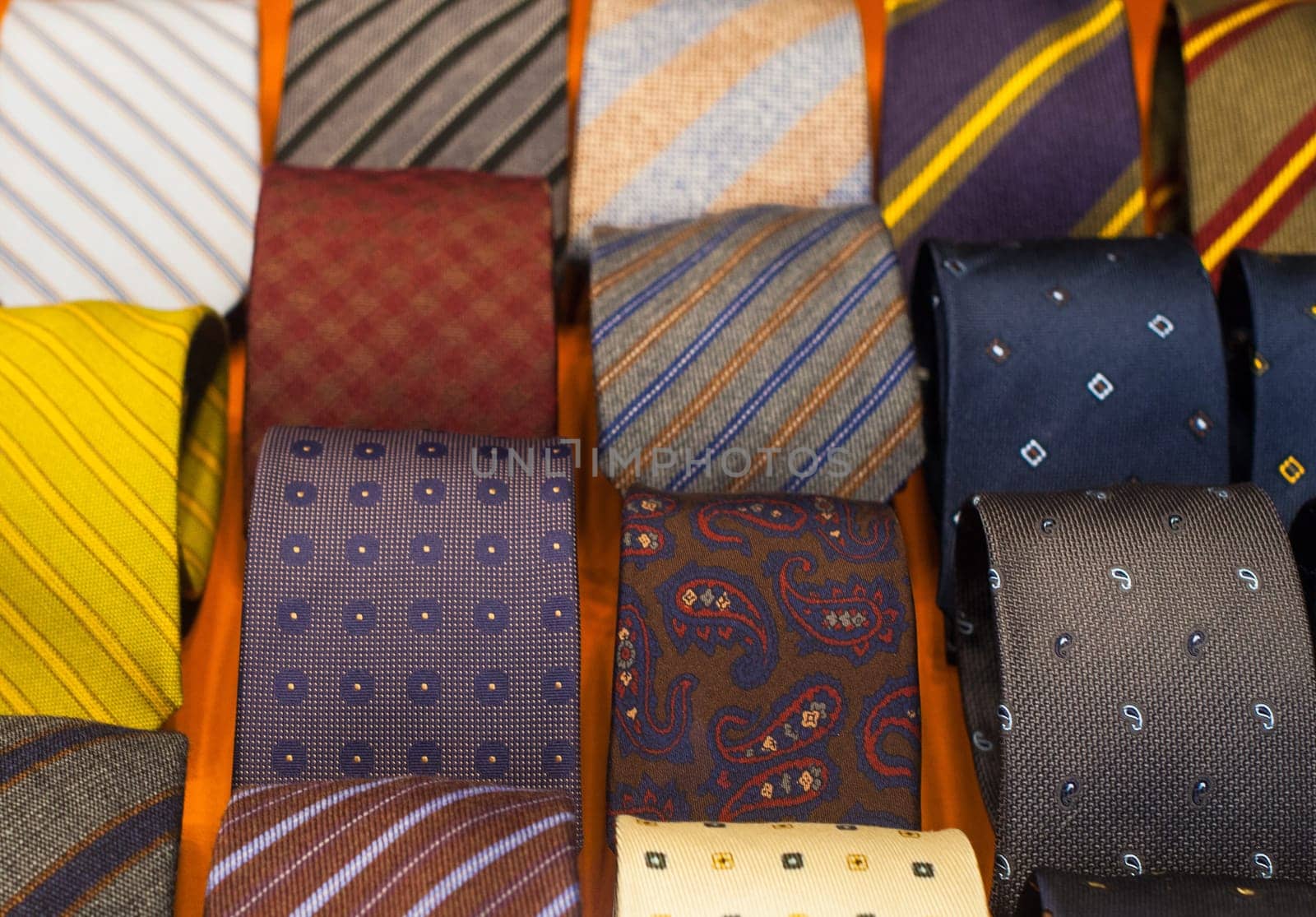 Close up of men's neckties in a shop clothes