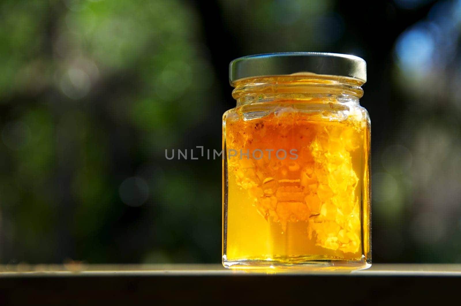 A backlit jar of pure amber colored local honey glistens in the sun, inside the jar is also a piece of the honeycomb it came from.