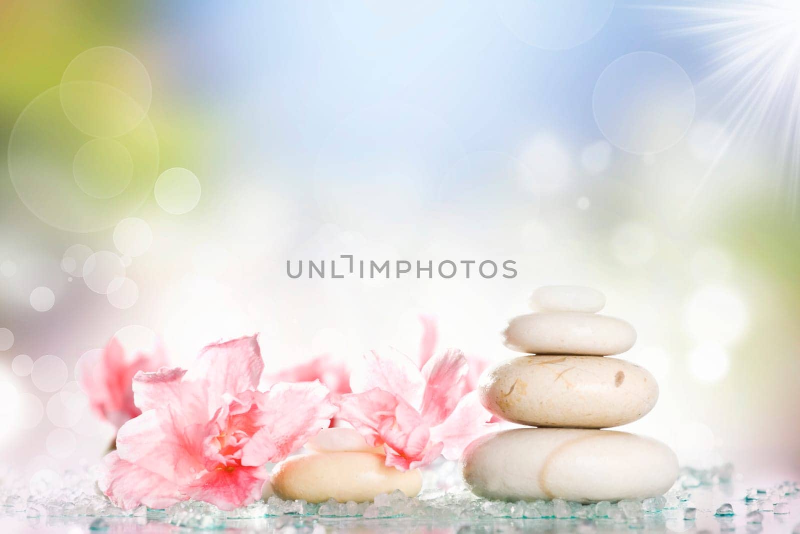 Spa stones and pink flower on colorful spring background