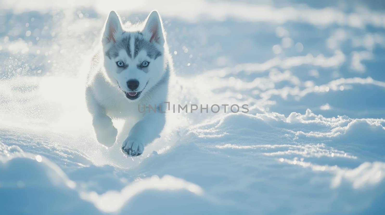 Siberian Husky puppy jumping and running in the snow in a winter field, Generative AI, animals