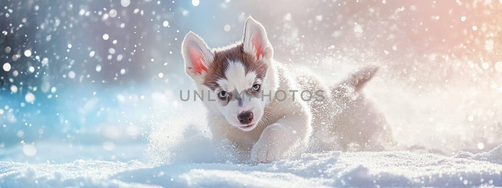 Siberian Husky puppy jumping and running in the snow in a winter field, Generative AI, animals