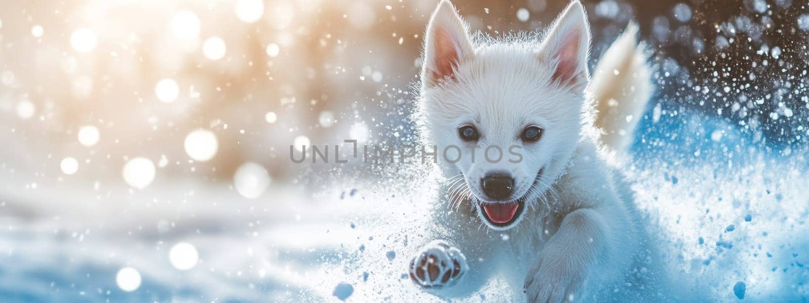 Siberian Husky puppy jumping and running in the snow in a winter field, Generative AI, animals