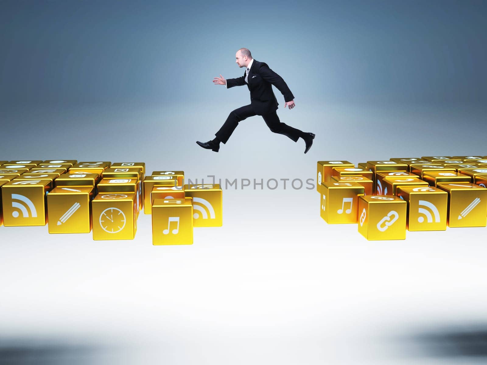 businessman man jump over icons bridge